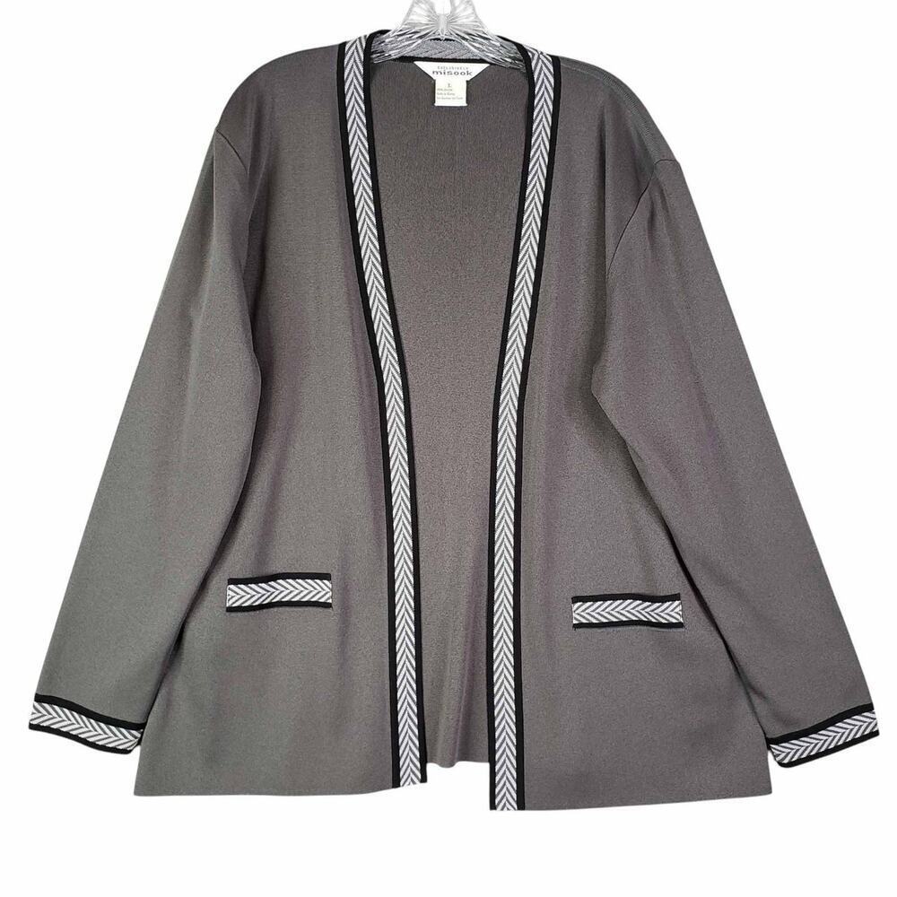 Exclusively Misook Cardigan Knit Womens Size Large L Gray Open Front Long Sleeve